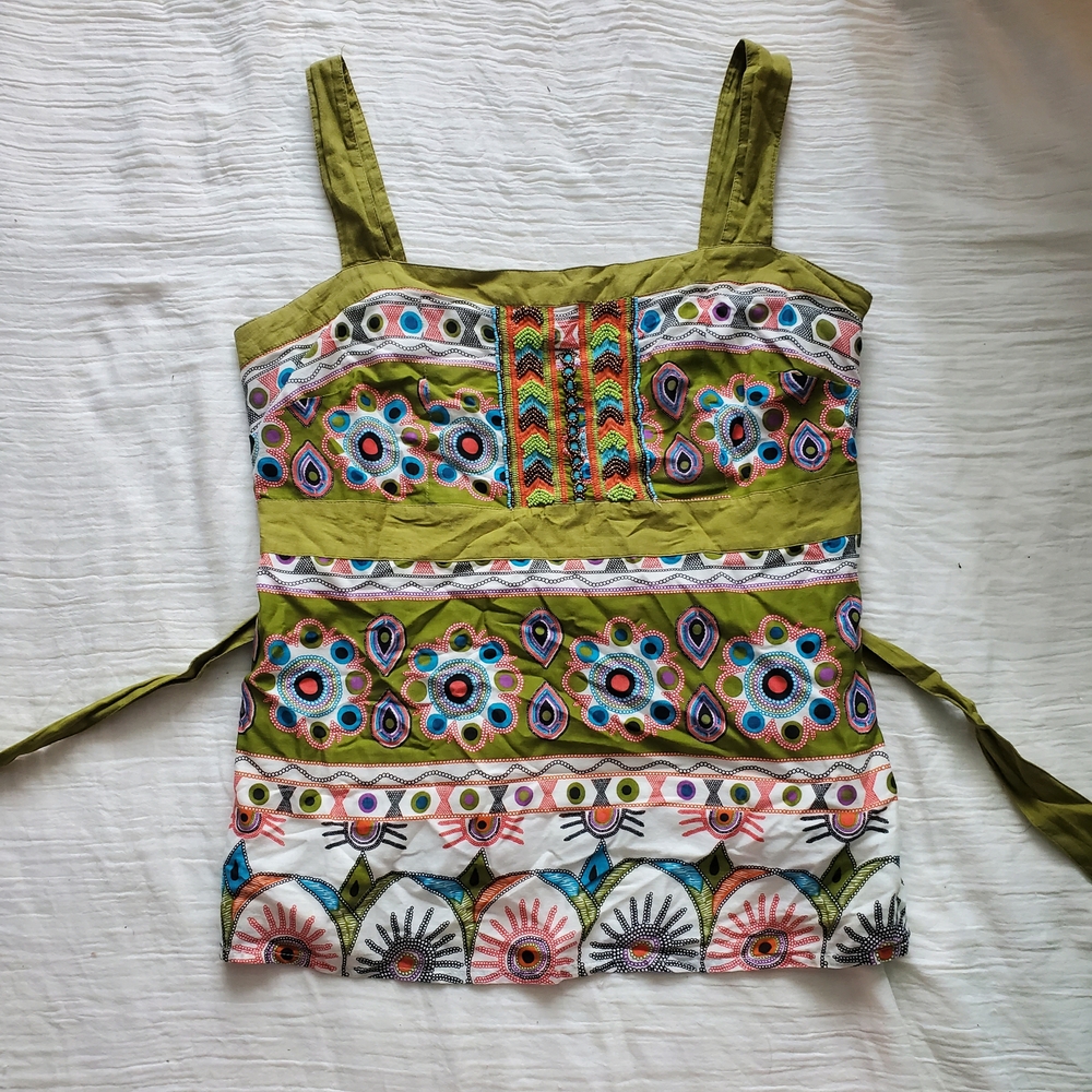 Monsoon Olive and Multicolor Embroidered Beaded Top Size 12